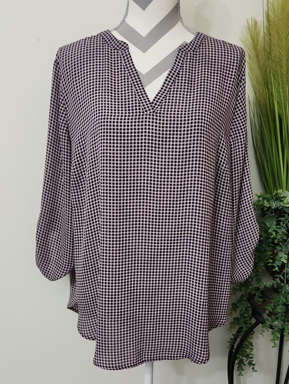 Maurices Atwood Pull Over Micro-Check Split-Neck Blouse